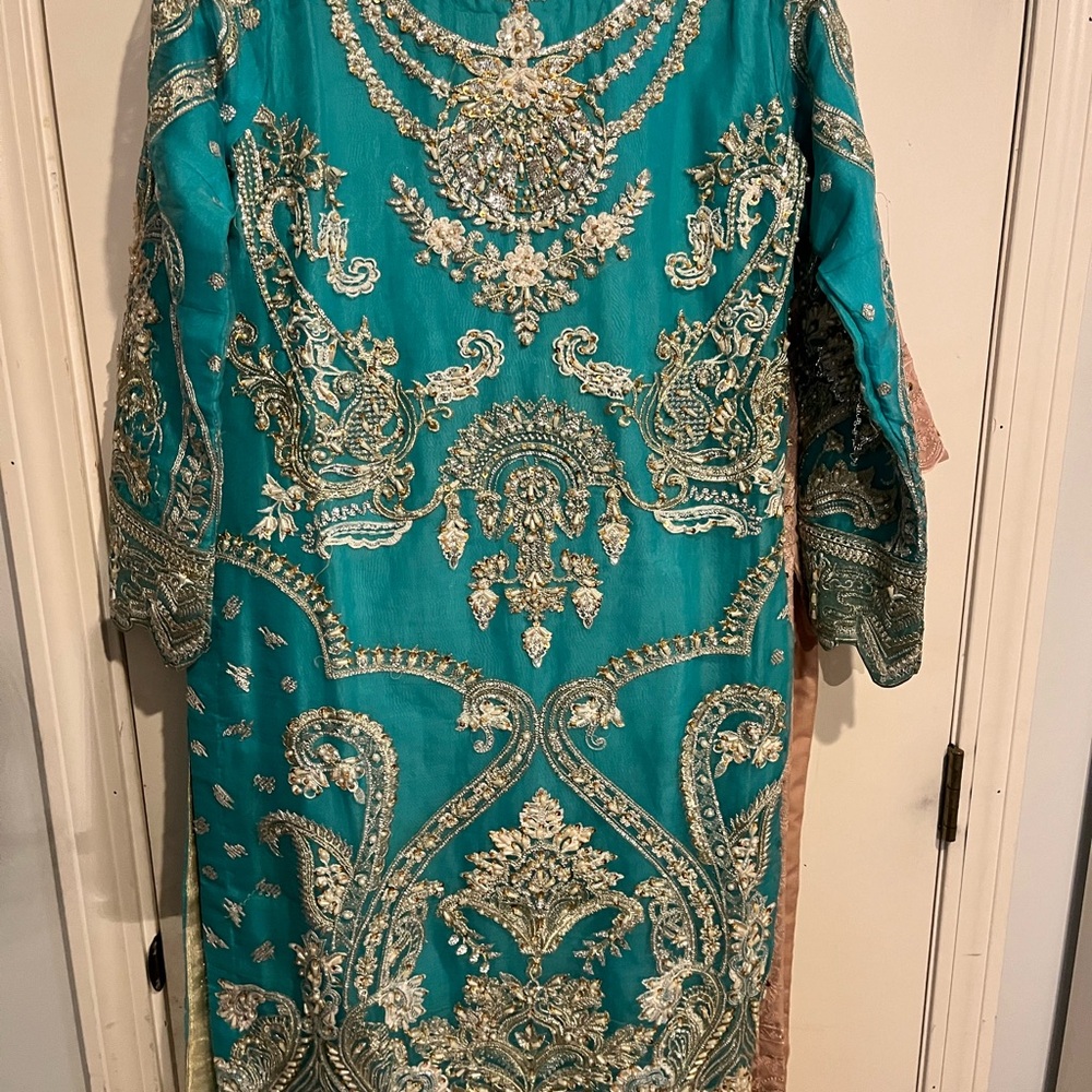 Elegant Teal Embroidered Wedding Dress
